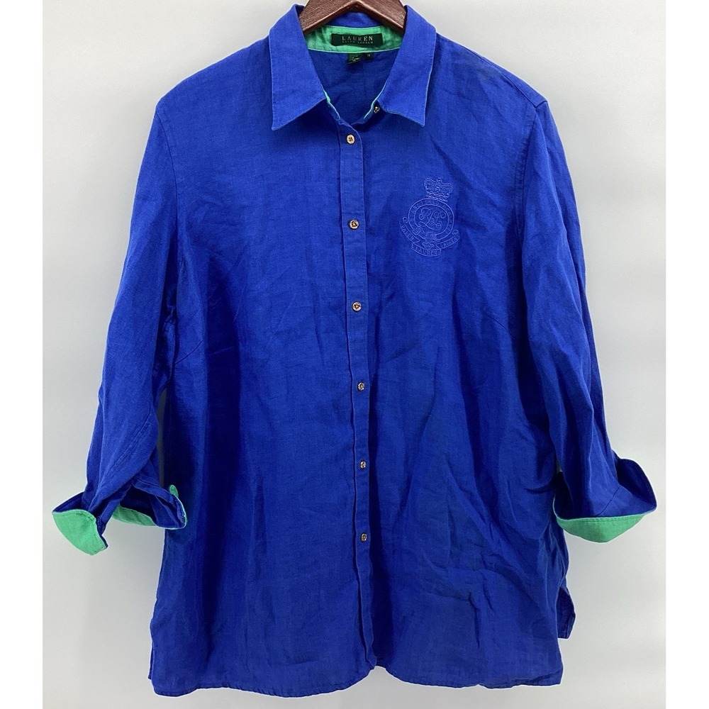 Lauren Ralph Lauren Blue 100% Linen Herringbone Crest Button Shirt 1X